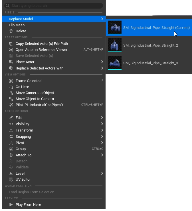 The context menu on a straight piece, with Replace Model open