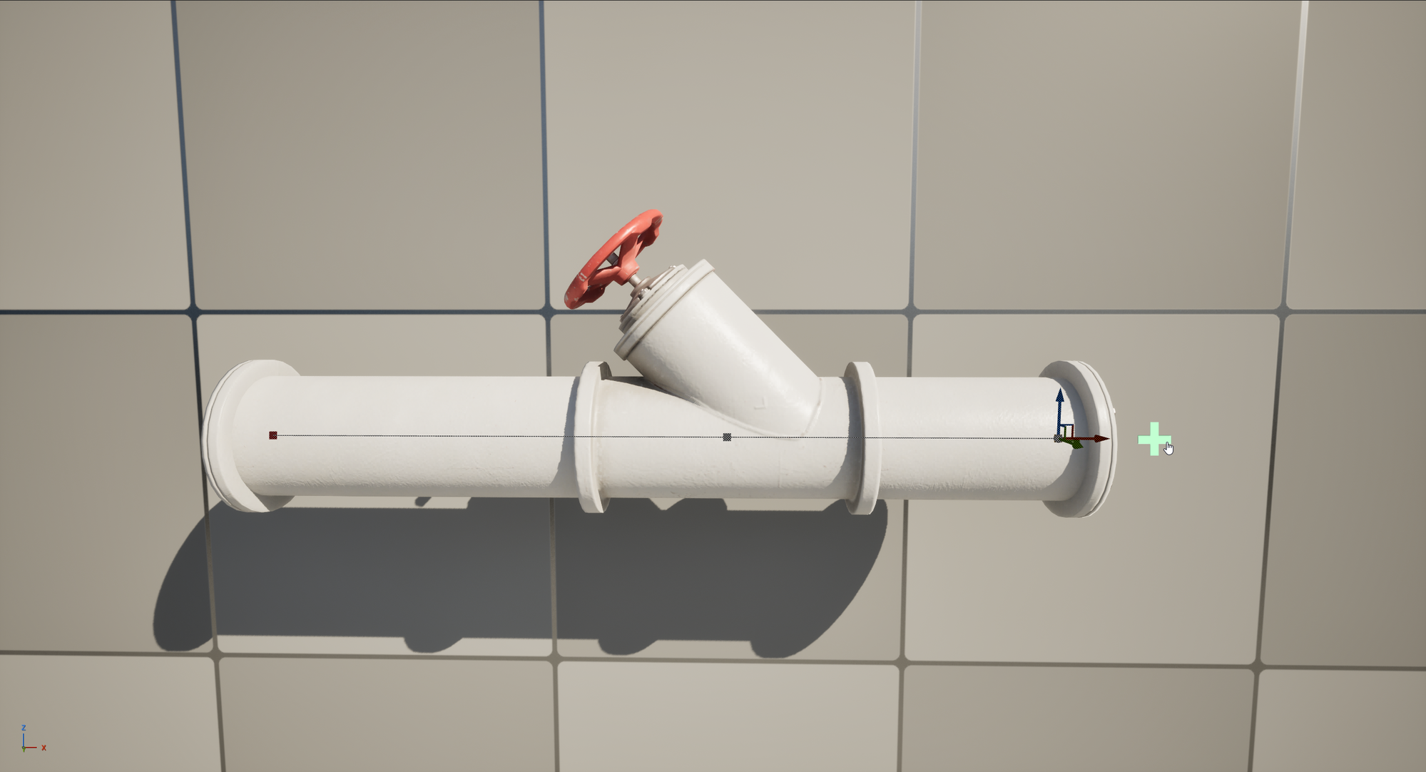 A selected pipe end with its transform gizmo and the green + button